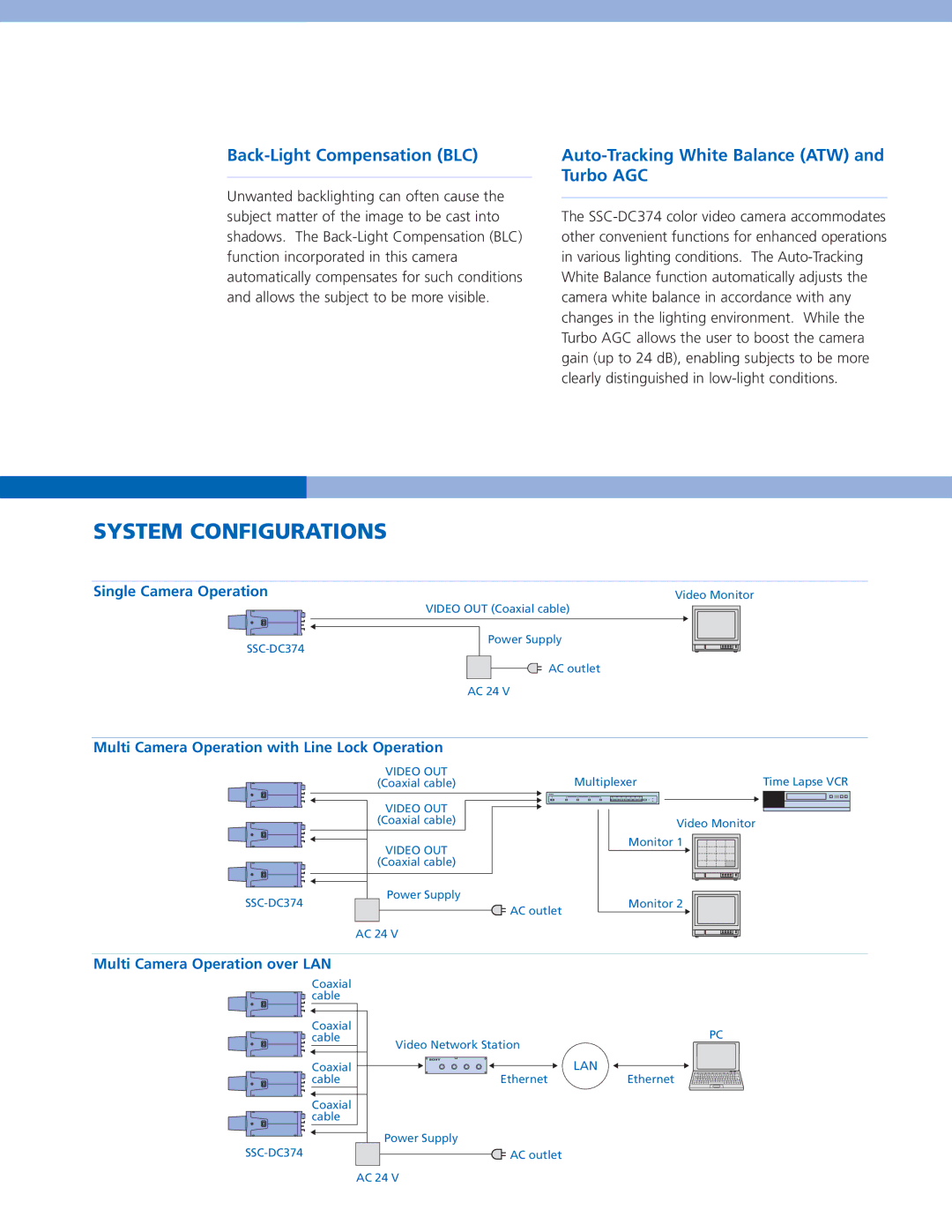 Sony SSC-DC374 manual System Configurations, Back-Light Compensation BLC, Auto-Tracking White Balance ATW and Turbo AGC 