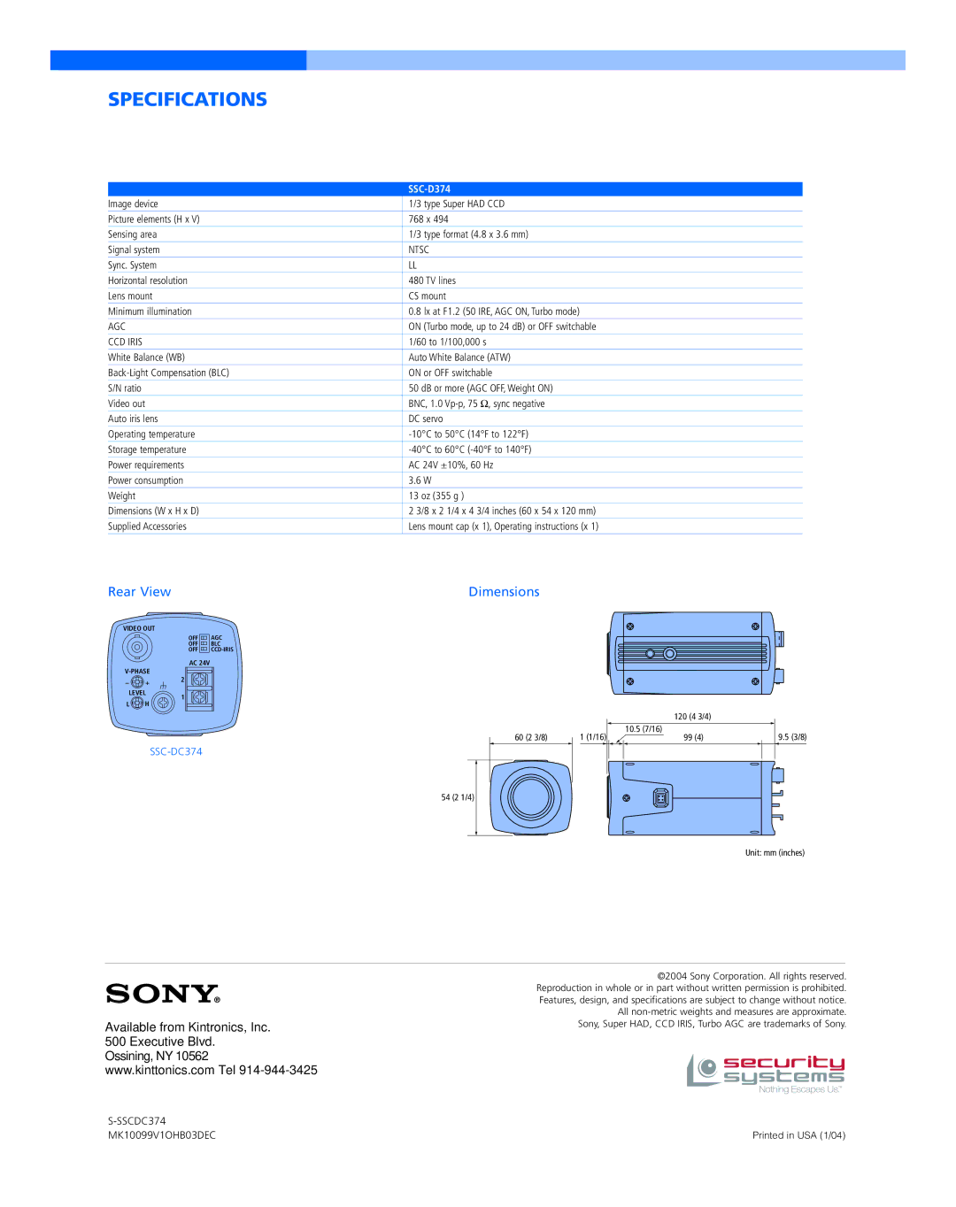 Sony SSC-DC374 manual Specifications, SSC-D374 