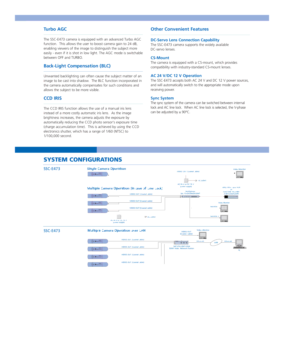 Sony SSC-E473 manual System Configurations, Turbo AGC, Back-Light Compensation BLC, Other Convenient Features 