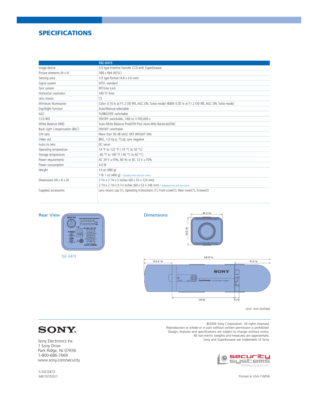 Sony SSC-E473 manual Specifications, Rear View, Dimensions 