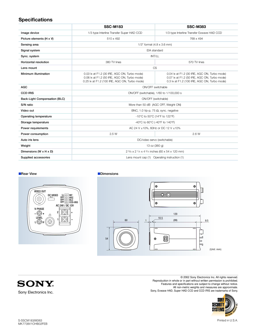 Sony Ssc-M383, SSC-M183 manual Specifications 