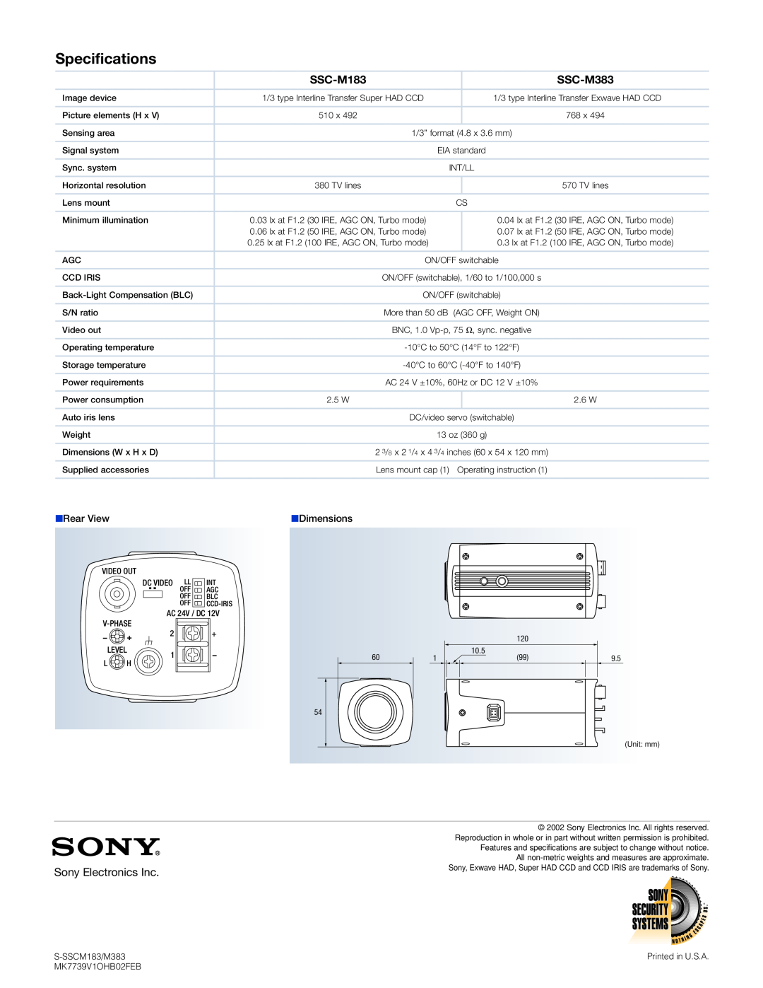 Sony Ssc-M383 manual Specifications, SSC-M183, SSC-M383, Sony Electronics Inc 