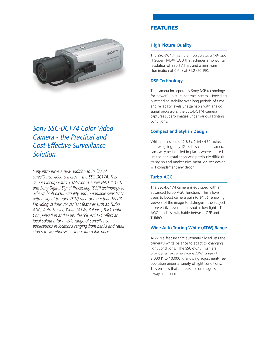 Sony SSCDC174 manual Features 