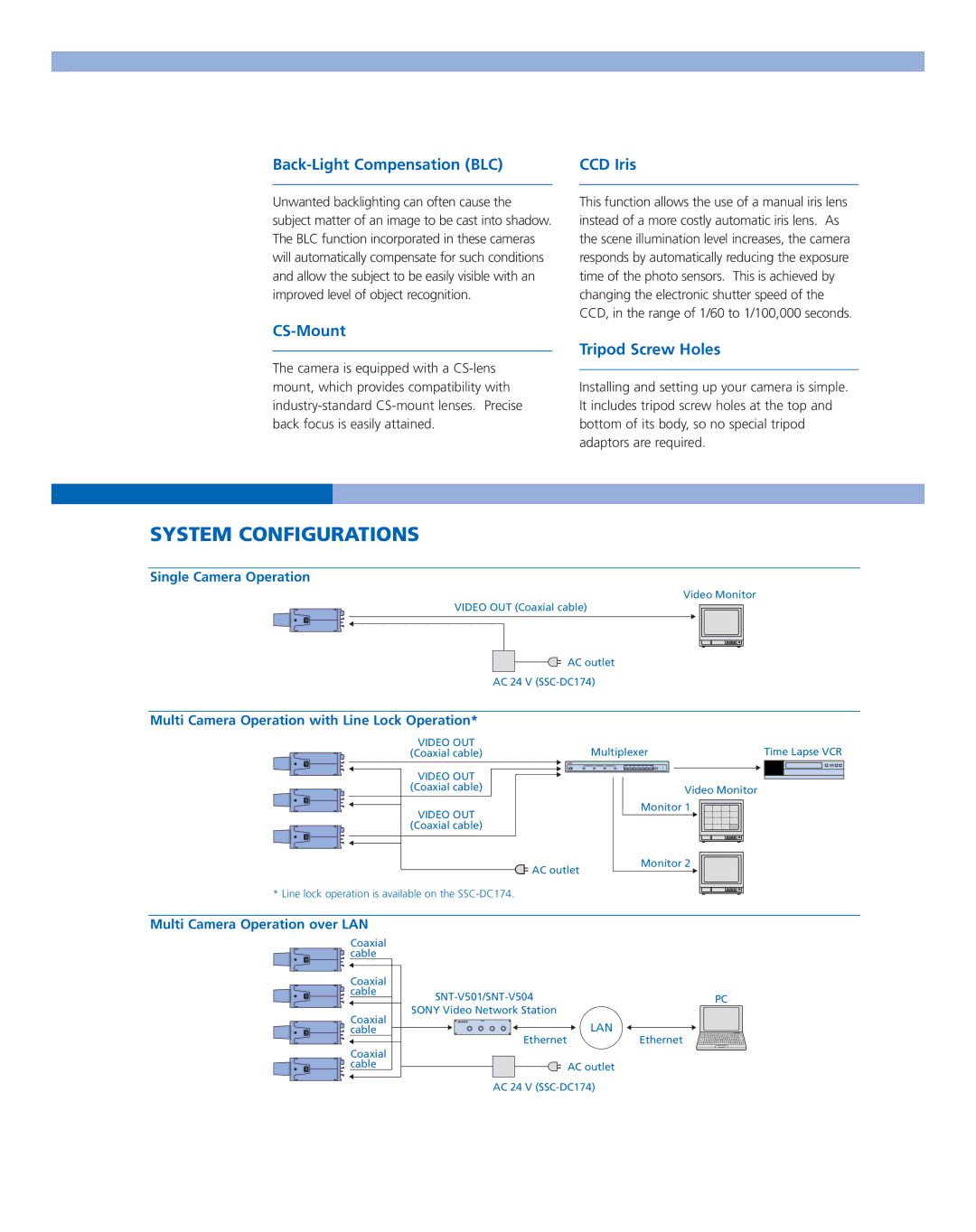 Sony SSCDC174 manual System Configurations, Back-Light Compensation BLC, CS-Mount, CCD Iris, Tripod Screw Holes 