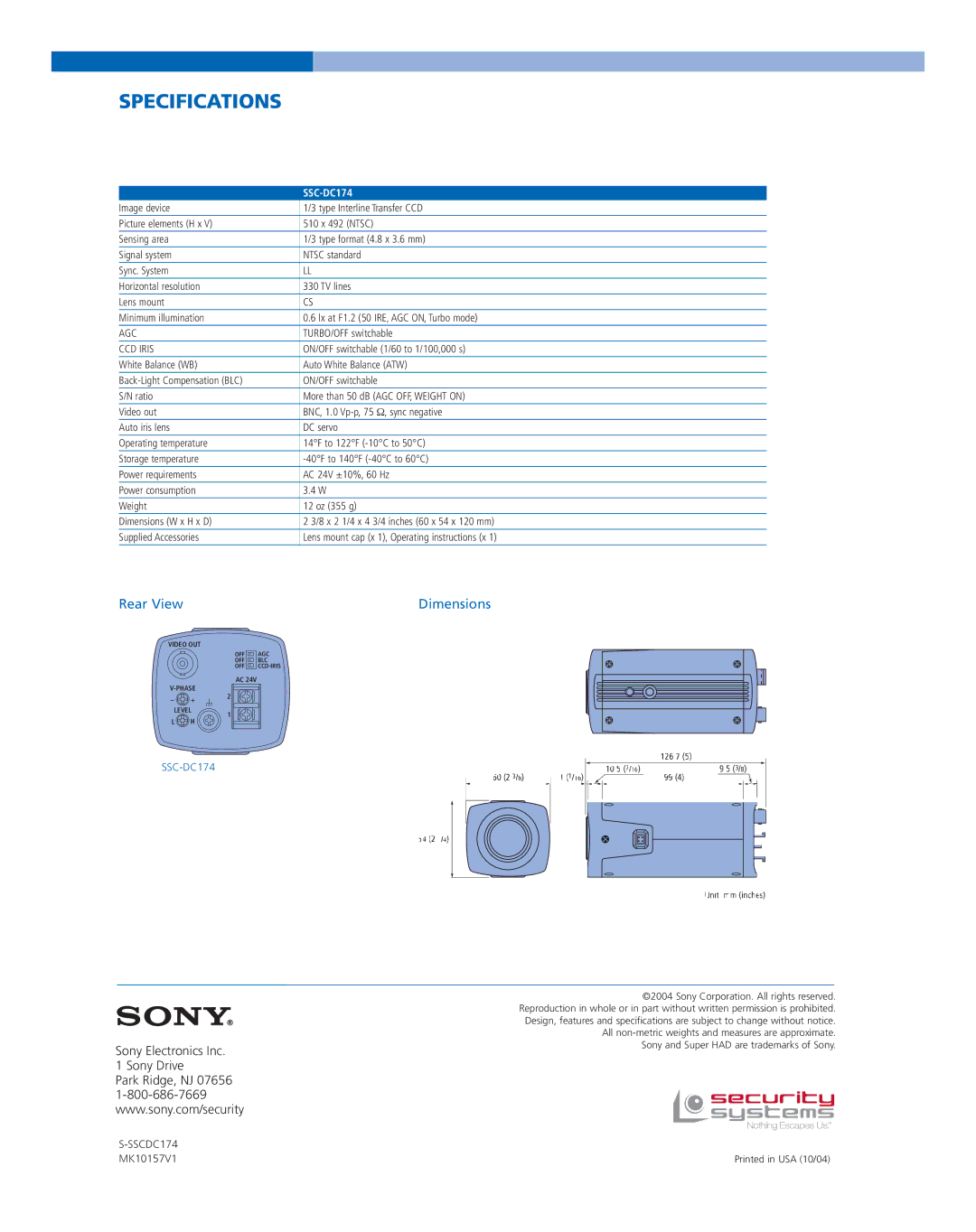 Sony SSCDC174 manual Specifications, SSC-DC174 