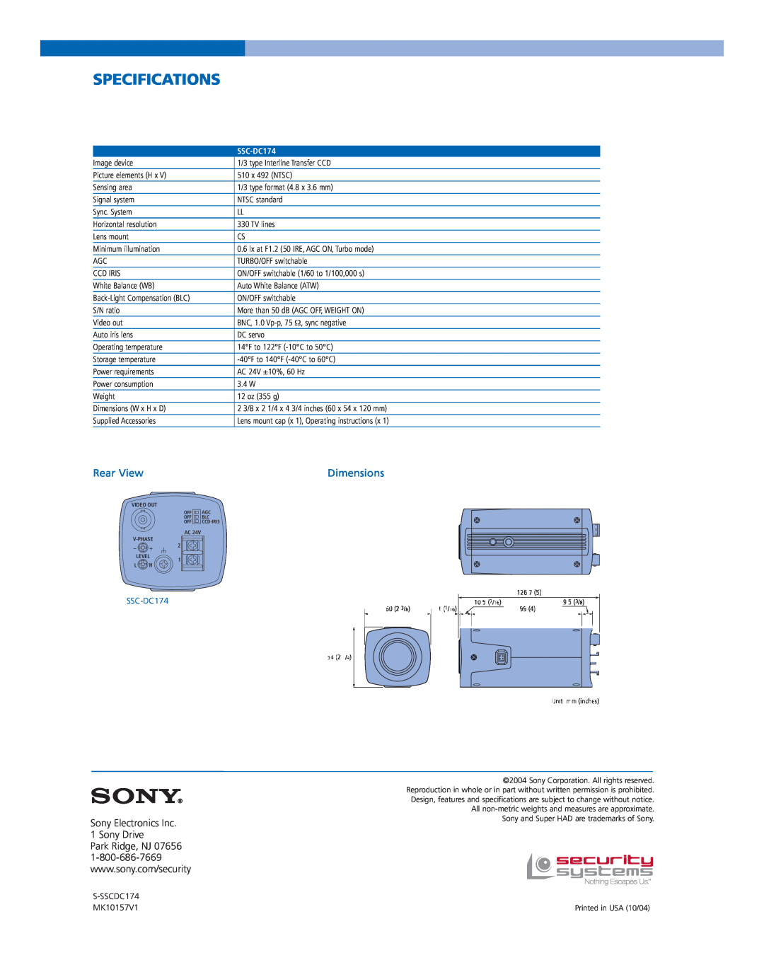 Sony SSCDC174 manual Specifications, Rear View, Dimensions, SSC-DC174 