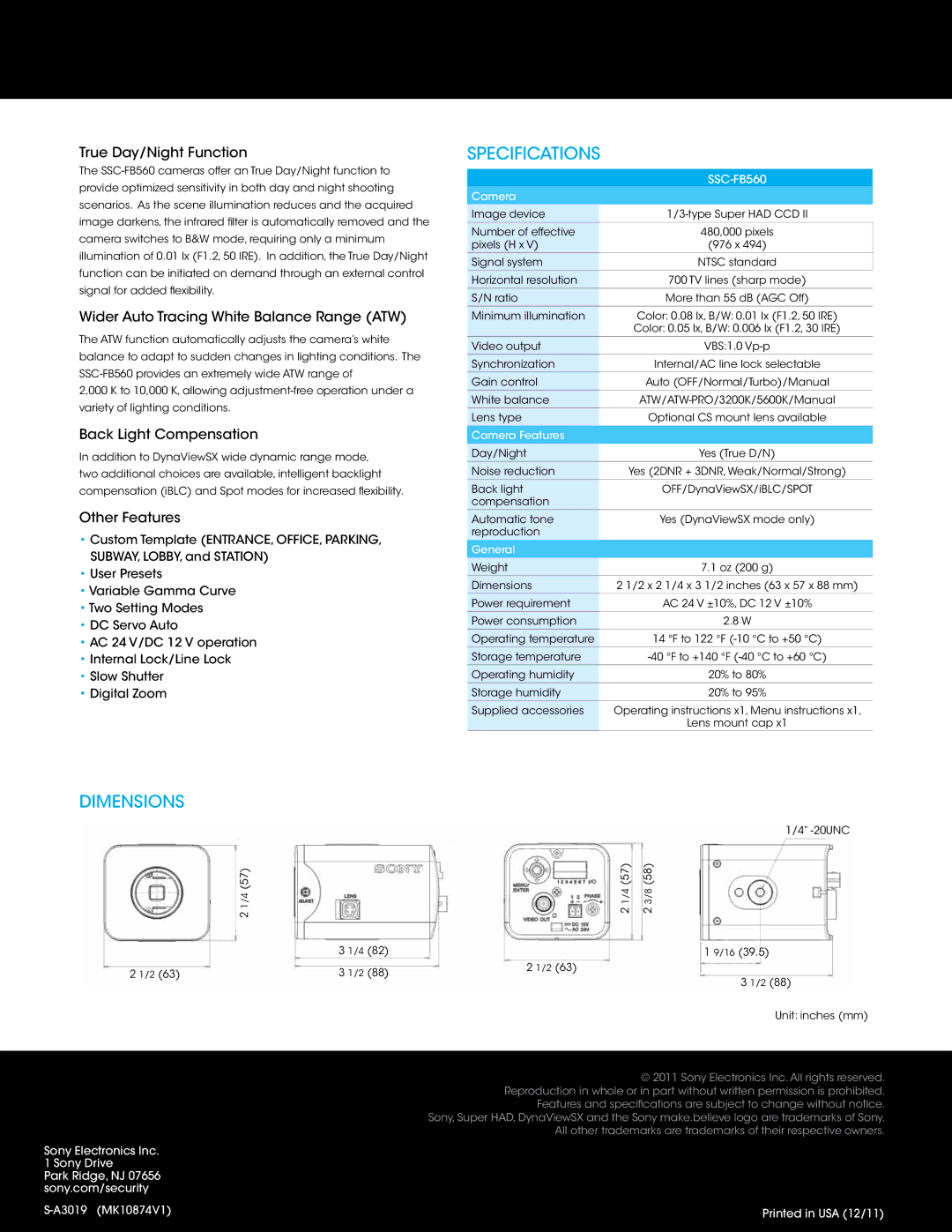 Sony SSCFB560, SSC-FB560 manual Specifications, Dimensions 