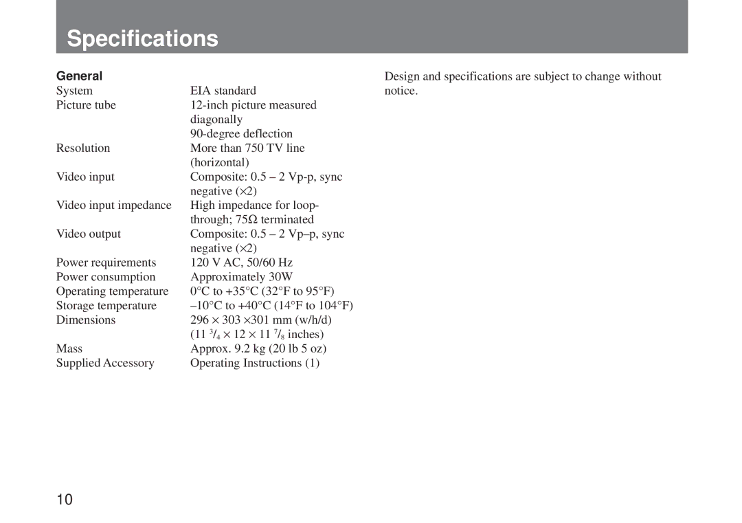 Sony SSM-125 operating instructions Specifications, General 