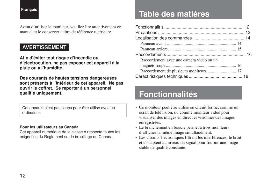 Sony SSM-125 operating instructions Table des matières, Fonctionnalités 