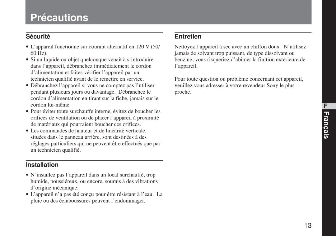 Sony SSM-125 operating instructions Précautions, Sécurité 