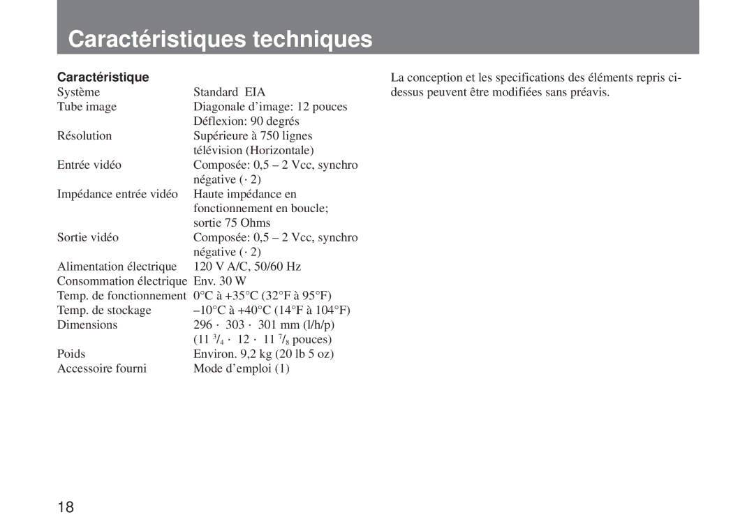 Sony SSM-125 operating instructions Caractéristiques techniques 