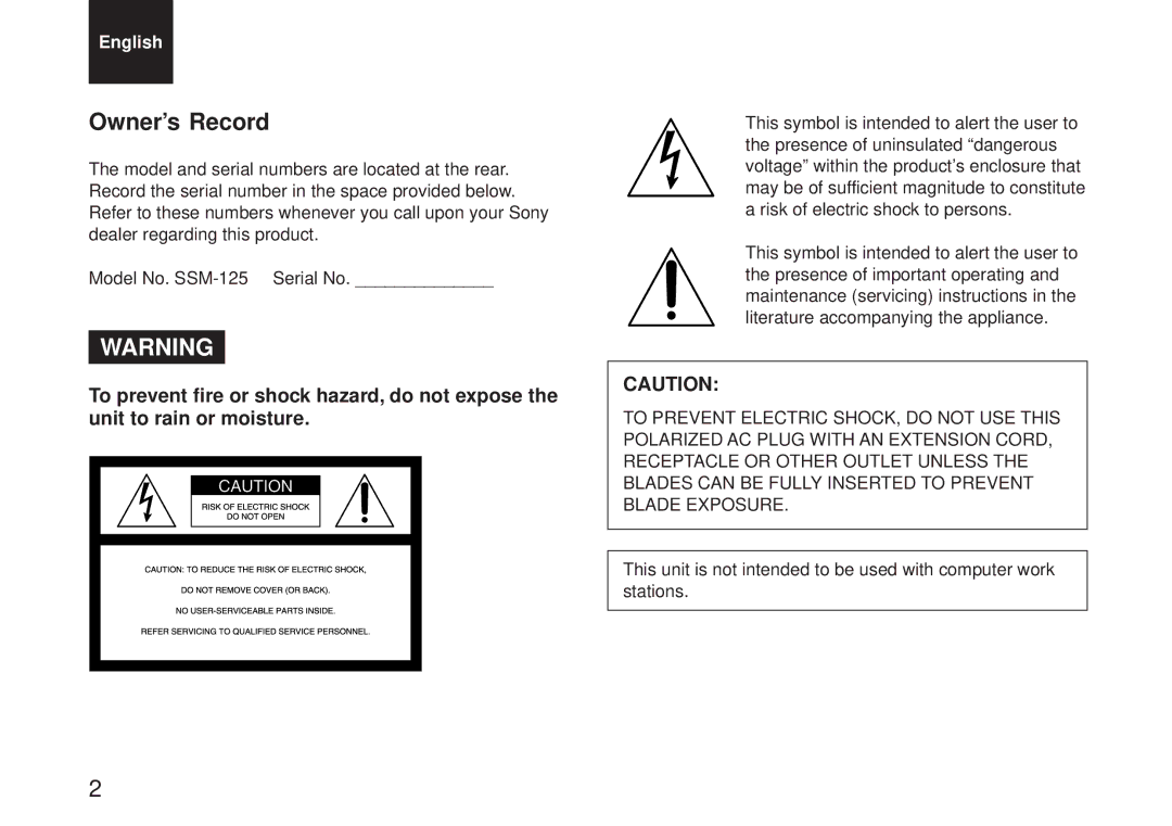 Sony SSM-125 operating instructions Owner’s Record 