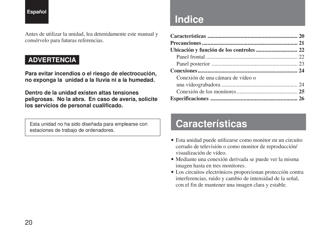 Sony SSM-125 operating instructions Indice, Características 