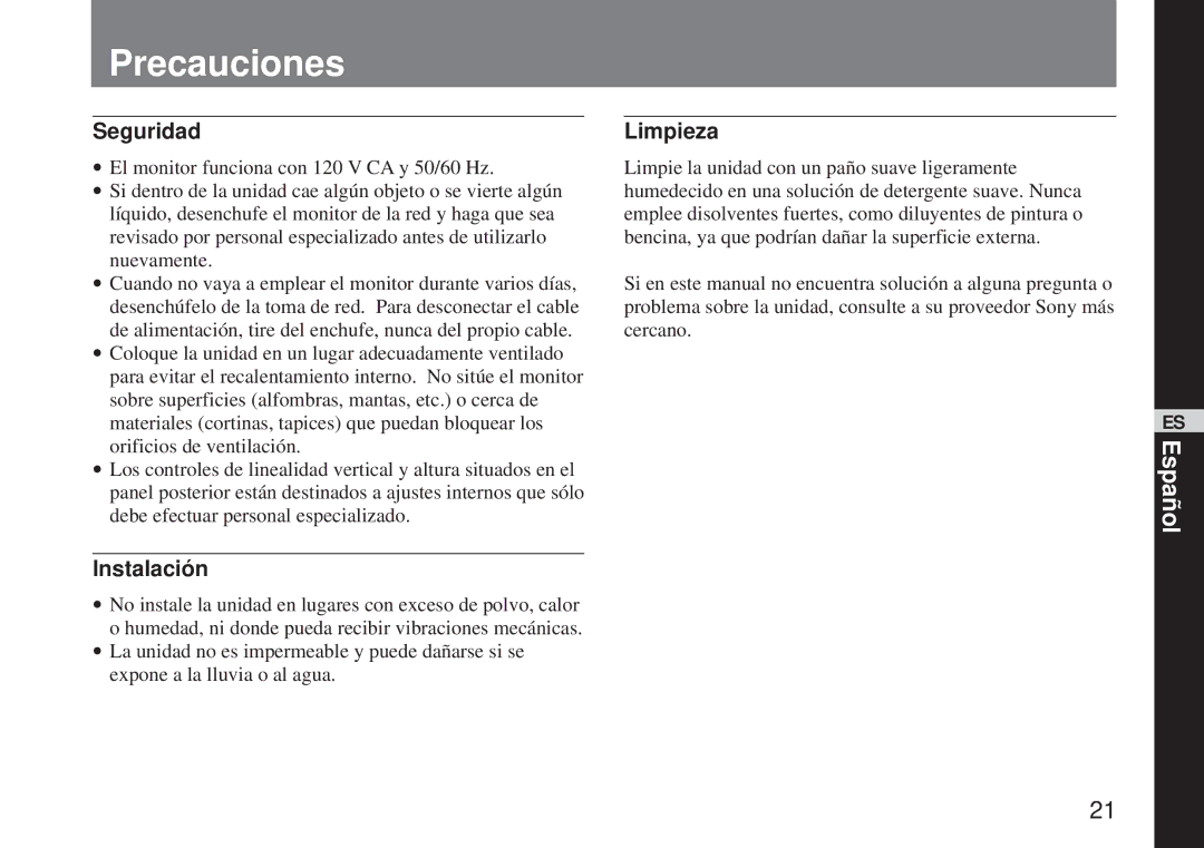 Sony SSM-125 operating instructions Precauciones, Seguridad 