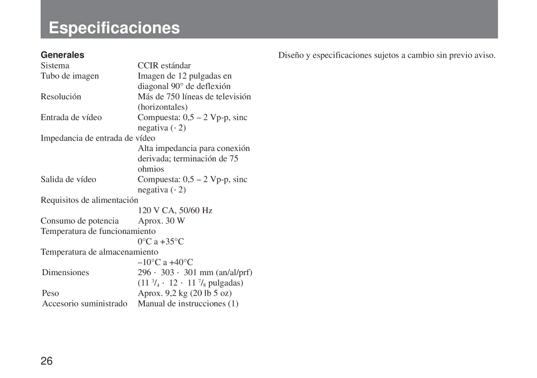 Sony SSM-125 operating instructions Especificaciones 