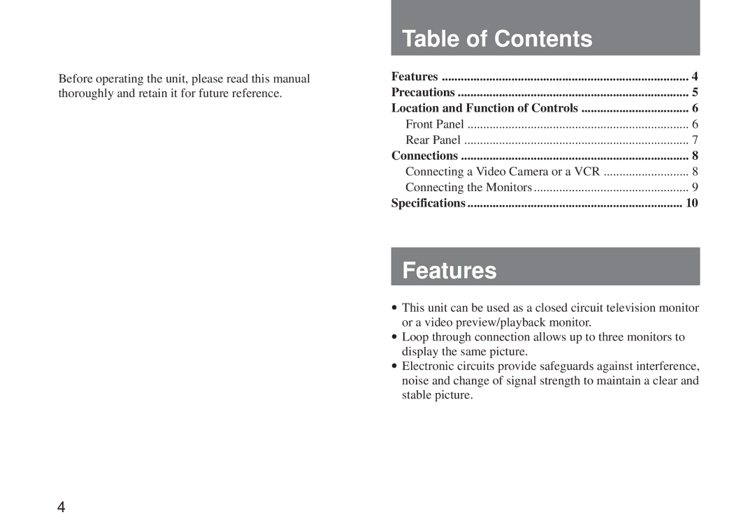 Sony SSM-125 operating instructions Table of Contents, Features 