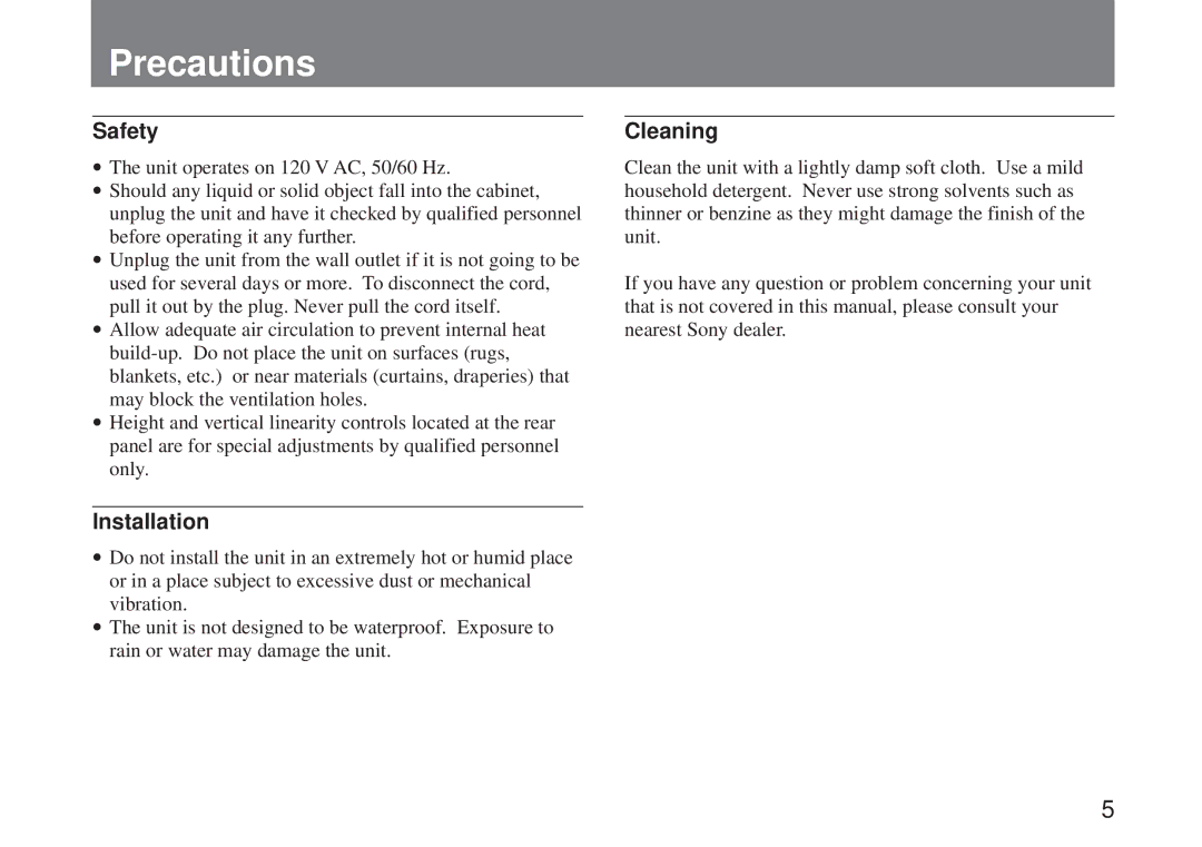 Sony SSM-125 operating instructions Precautions, Safety 