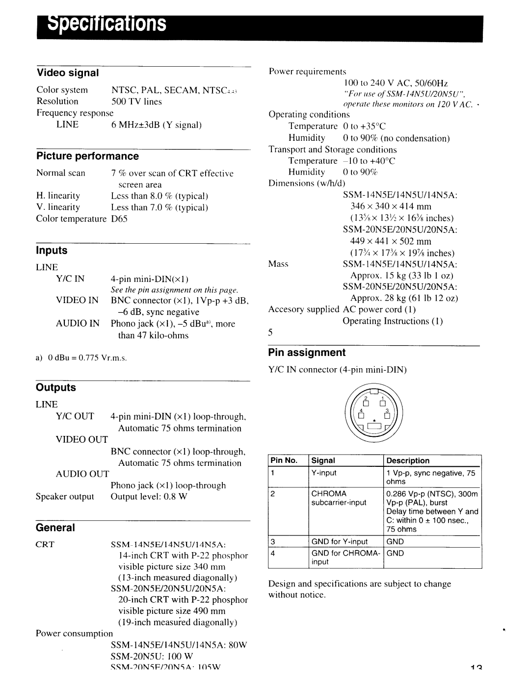 Sony SSM-20N5E/20N5U/20N5A, SSM-14N5E/14N5U/14N5A manual 