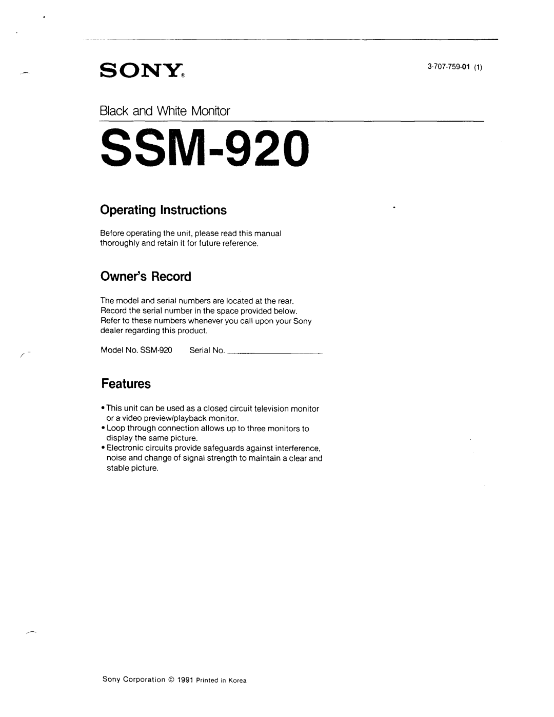 Sony SSM-920 manual 