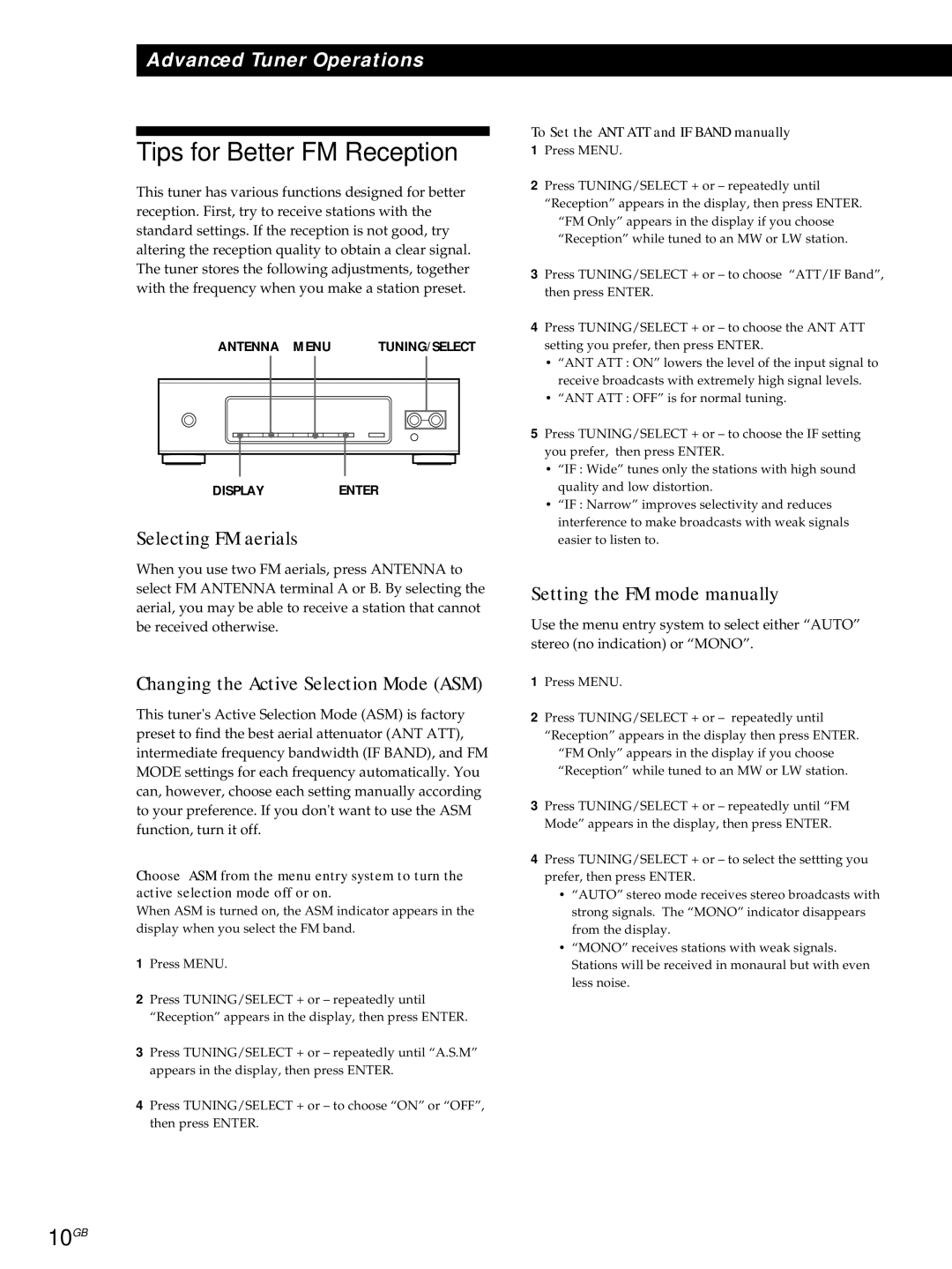 Sony ST-S3000ES Tips for Better FM Reception, 10GB, Selecting FM aerials, Changing the Active Selection Mode ASM 