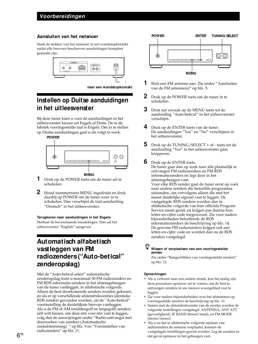 Sony ST-S3000ES operating instructions Aansluiten van het netsnoer, Terugkeren naar aanduidingen in het Engels 