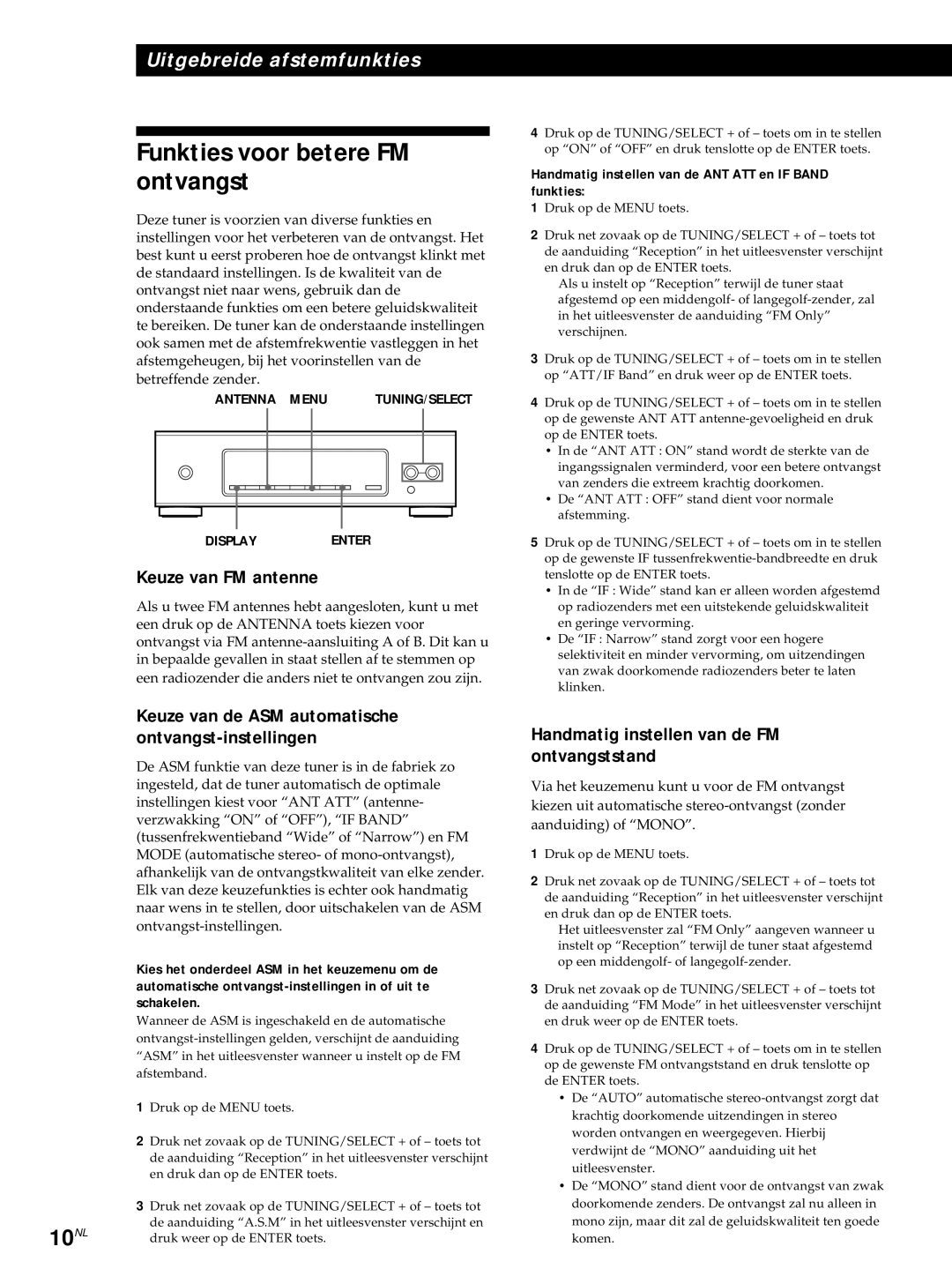 Sony ST-S3000ES operating instructions Funkties voor betere FM ontvangst, 10NL, Keuze van FM antenne 