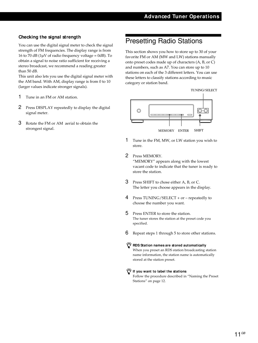 Sony ST-S3000ES Presetting Radio Stations, 11GB, Checking the signal strength, RDS Station names are stored automatically 