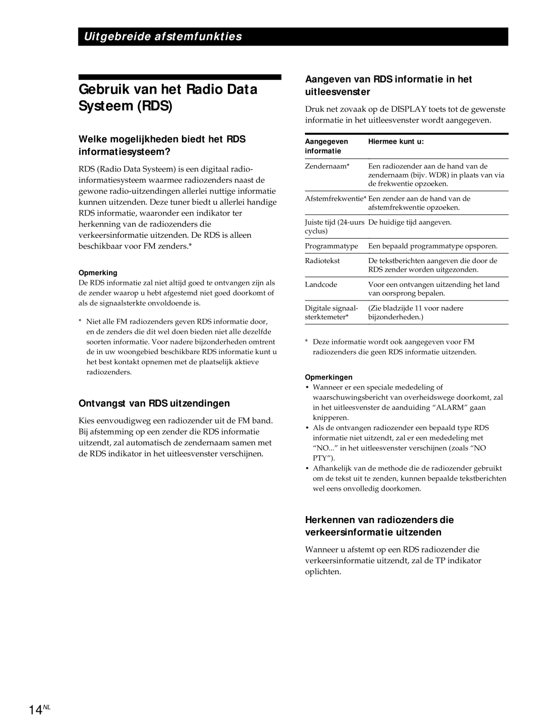 Sony ST-S3000ES Gebruik van het Radio Data Systeem RDS, 14NL, Welke mogelijkheden biedt het RDS informatiesysteem? 