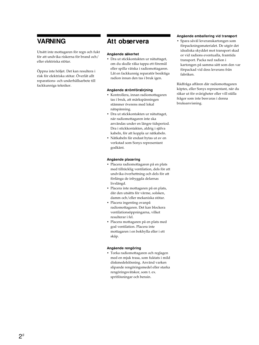 Sony ST-S3000ES operating instructions Att observera 