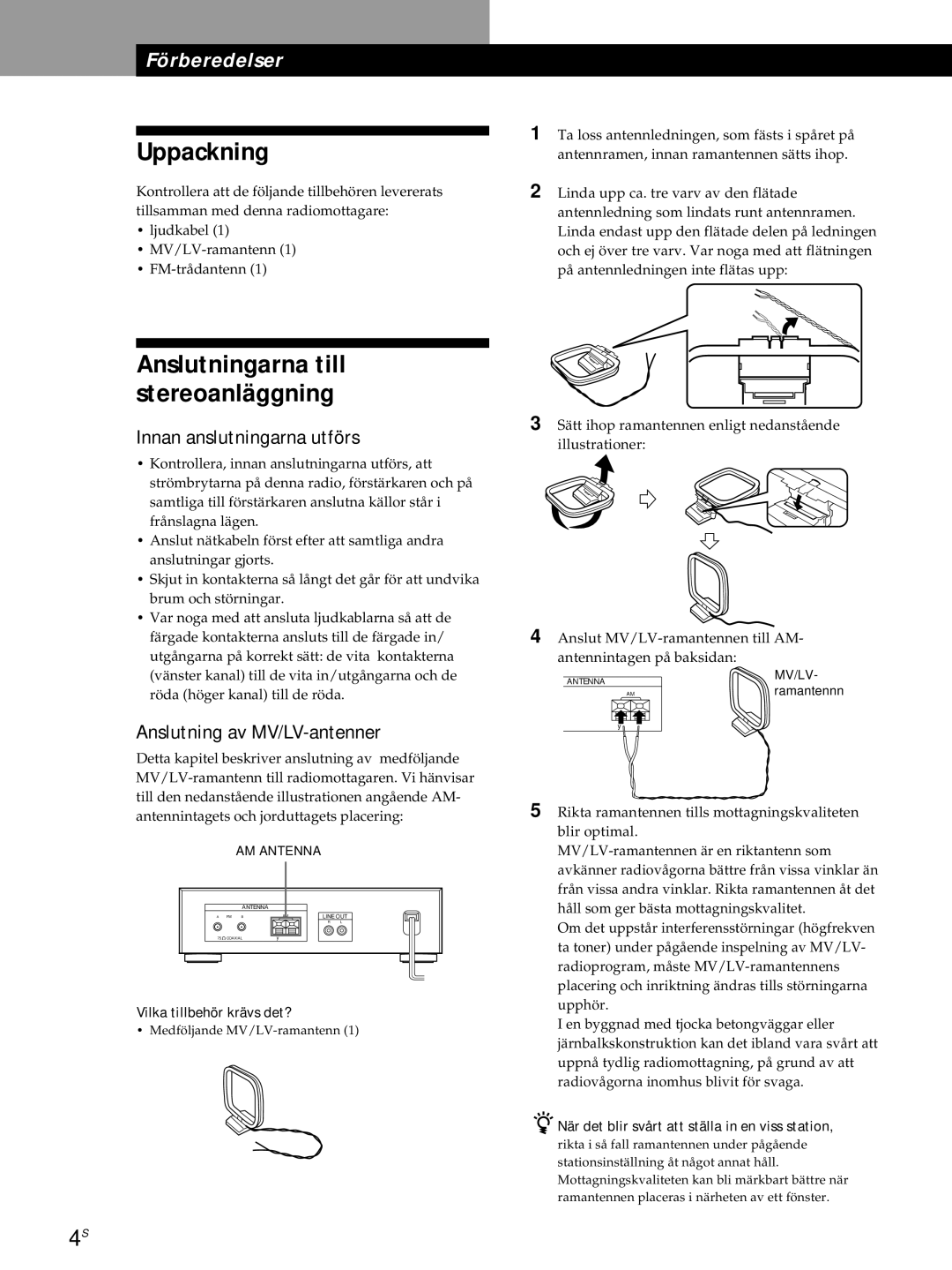 Sony ST-S3000ES operating instructions Uppackning, Anslutningarna till stereoanläggning, Innan anslutningarna utförs 