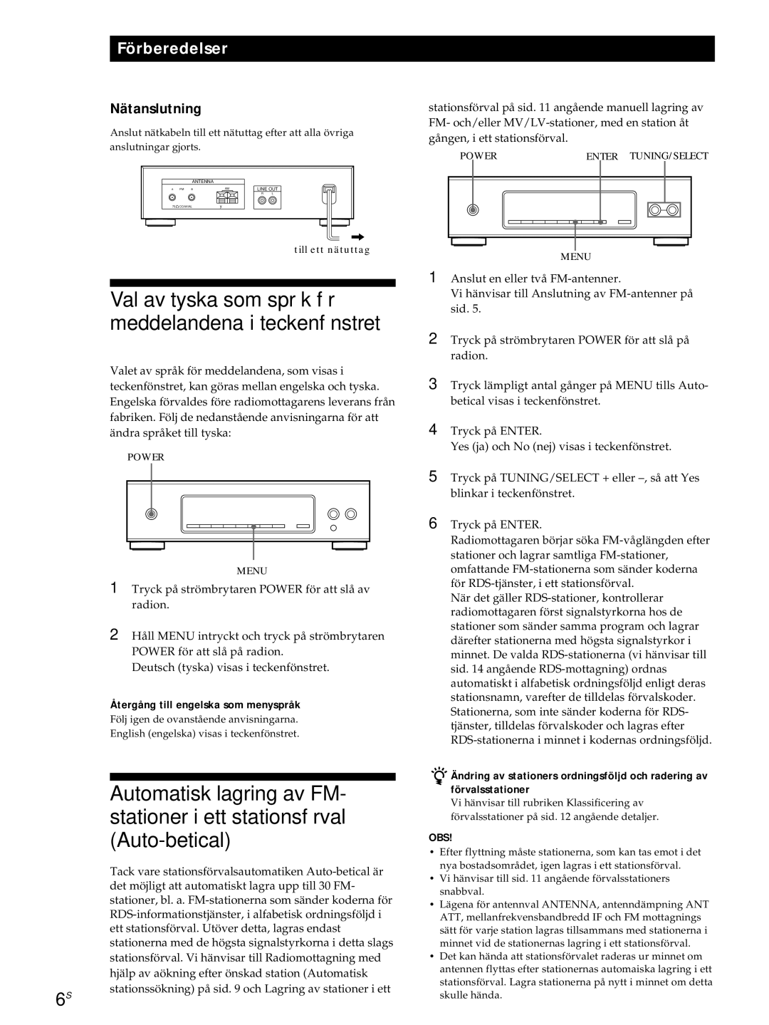 Sony ST-S3000ES operating instructions Val av tyska som språk för meddelandena i teckenfönstret, Nätanslutning 