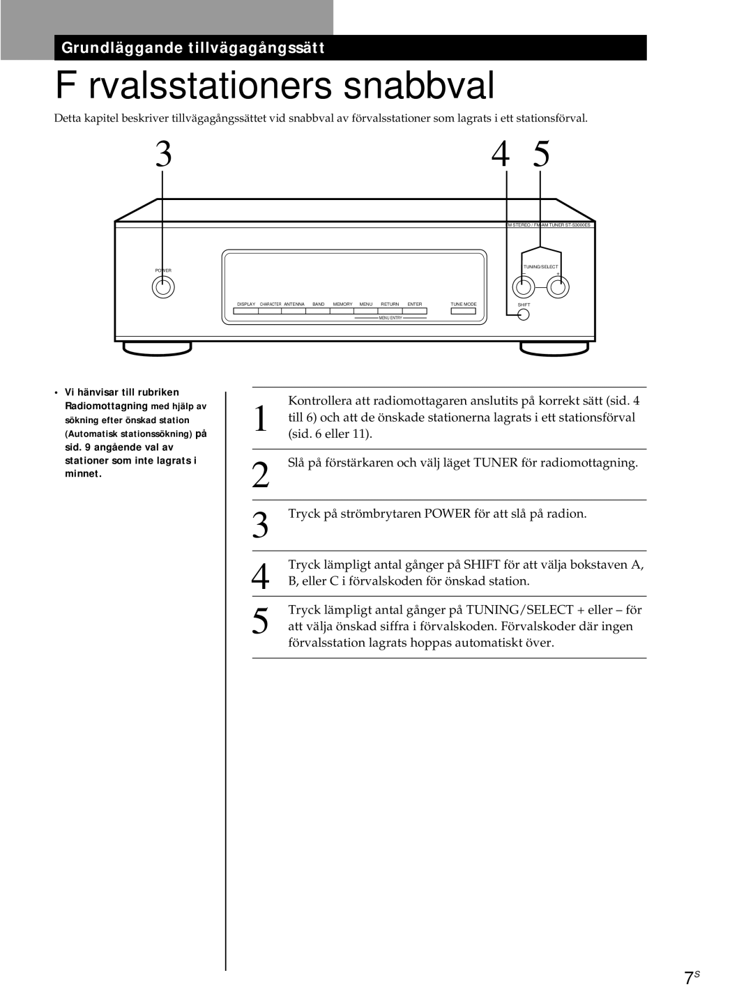 Sony ST-S3000ES operating instructions Förvalsstationers snabbval 