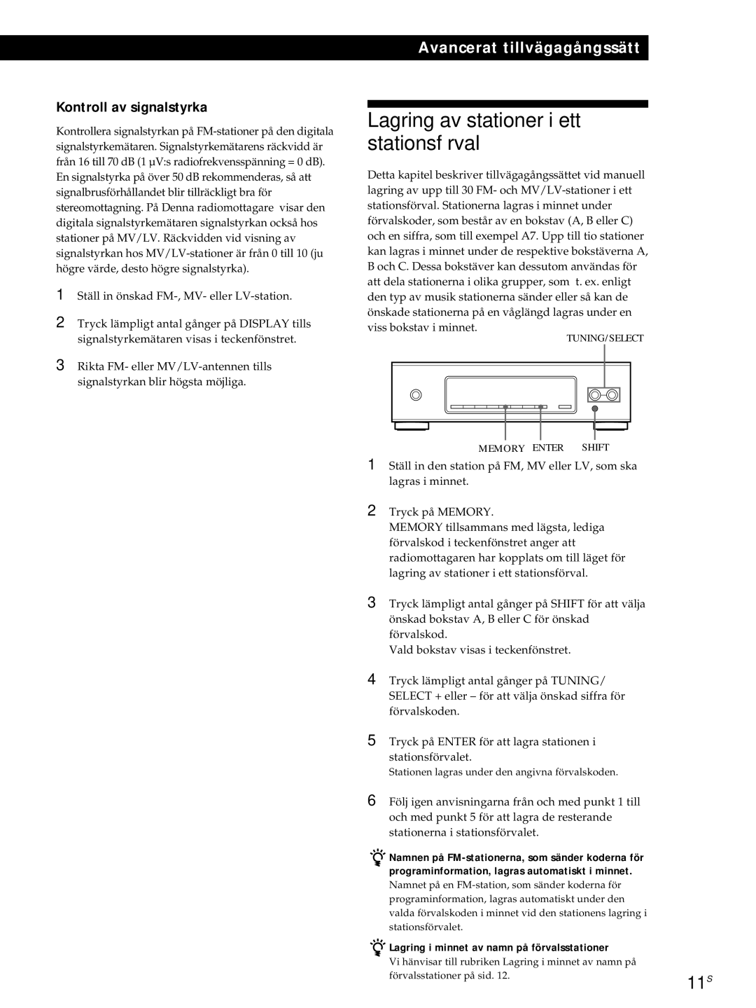 Sony ST-S3000ES operating instructions Lagring av stationer i ett stationsförval, Kontroll av signalstyrka 