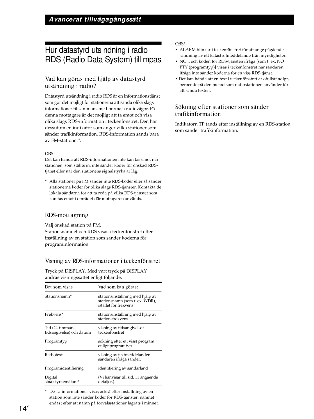 Sony ST-S3000ES operating instructions 14S, Vad kan göras med hjälp av datastyrd utsändning i radio?, RDS-mottagning 