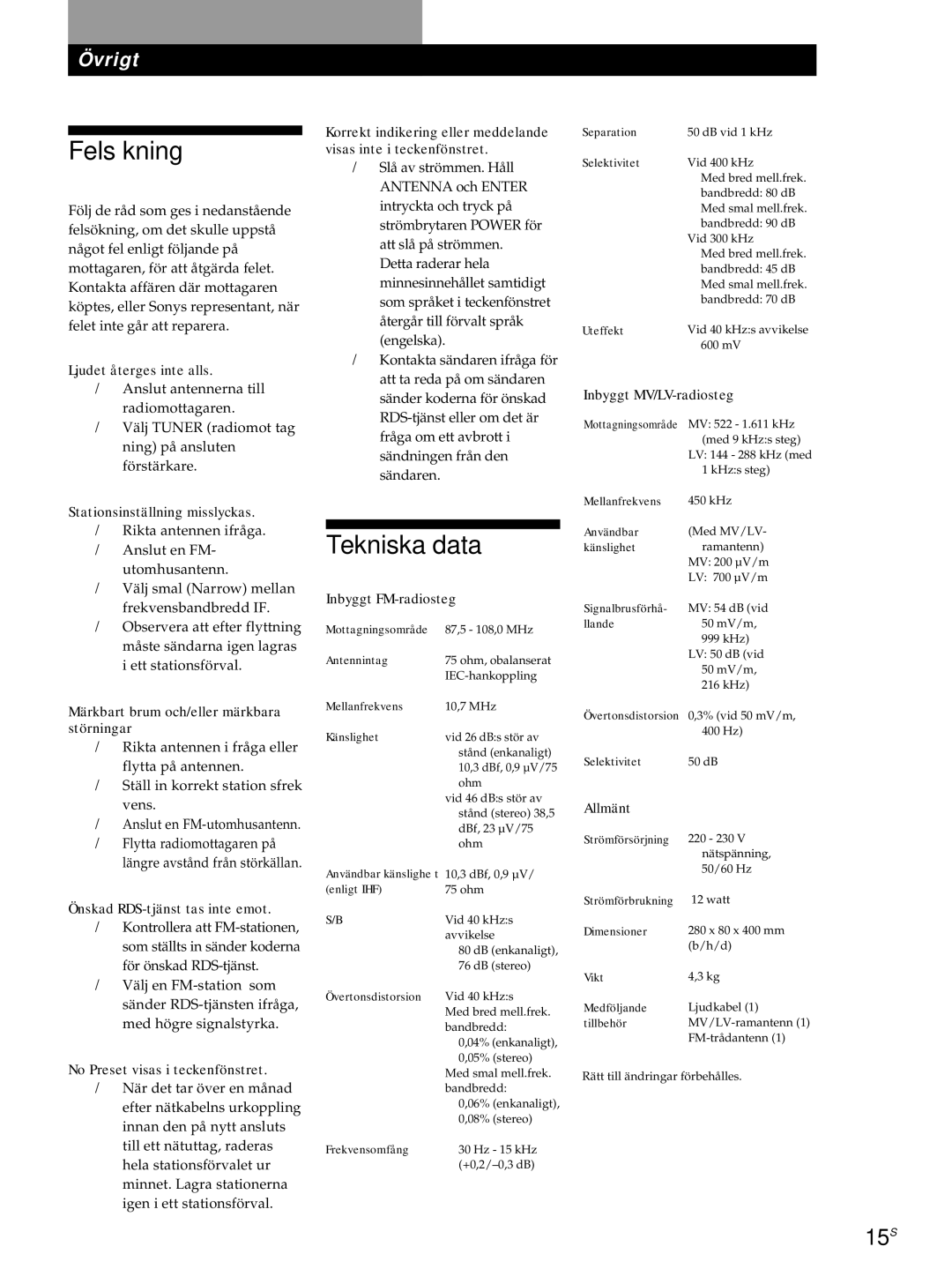 Sony ST-S3000ES operating instructions Felsökning, Tekniska data, 15S 