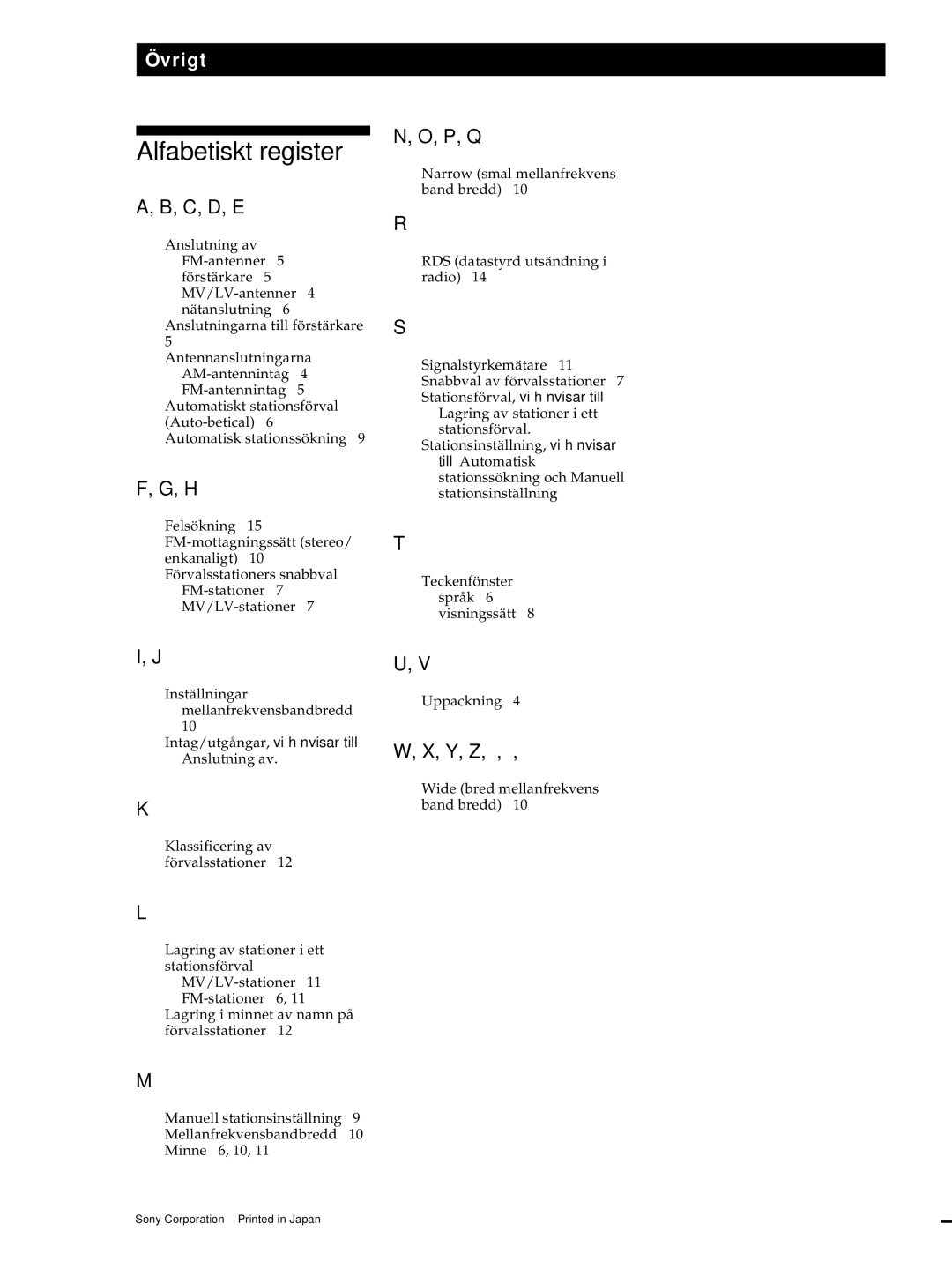 Sony ST-S3000ES operating instructions Alfabetiskt register, 16S, P, Q, Y, Z, Å, Ä, Ö 