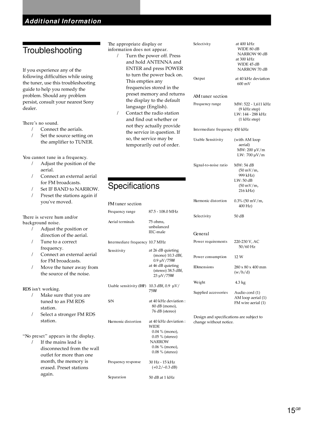 Sony ST-S3000ES operating instructions Troubleshooting, Specifications, 15GB 