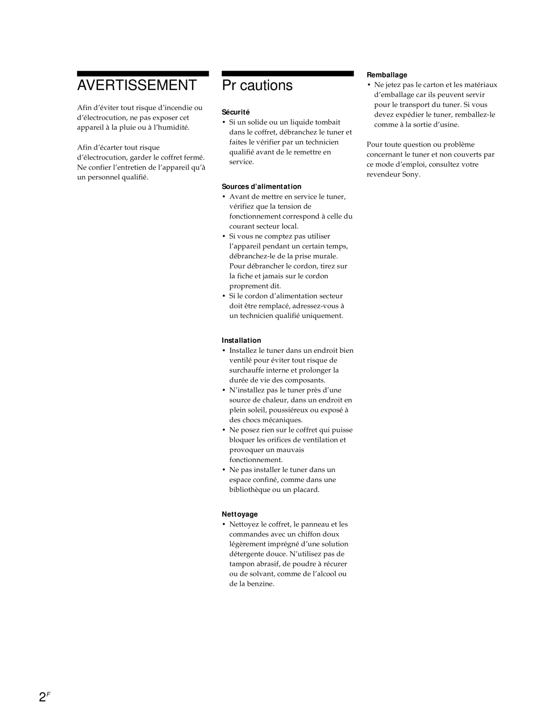 Sony ST-S3000ES operating instructions Précautions 