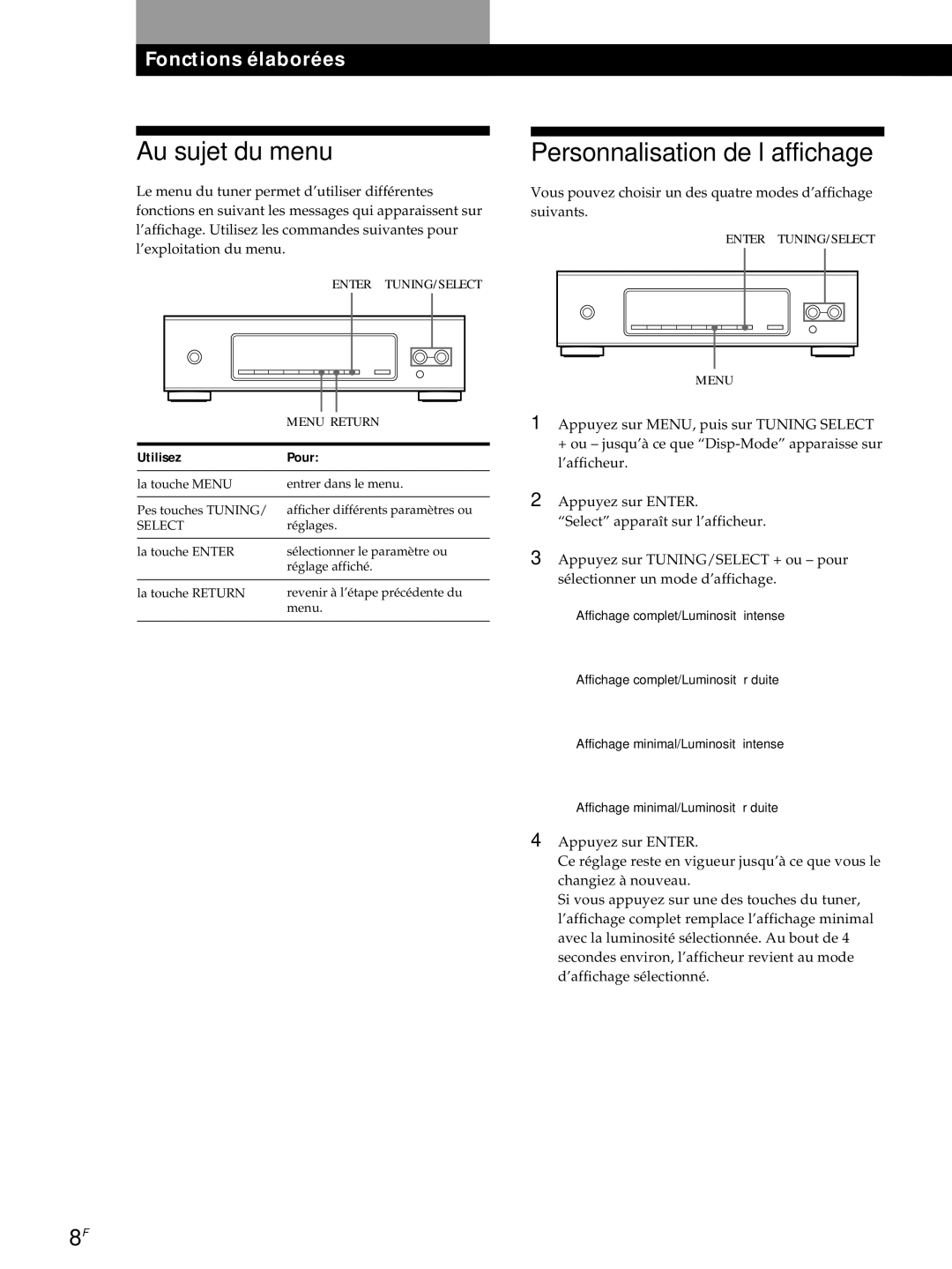 Sony ST-S3000ES operating instructions Au sujet du menu, Personnalisation de l’affichage, Utilisez Pour 