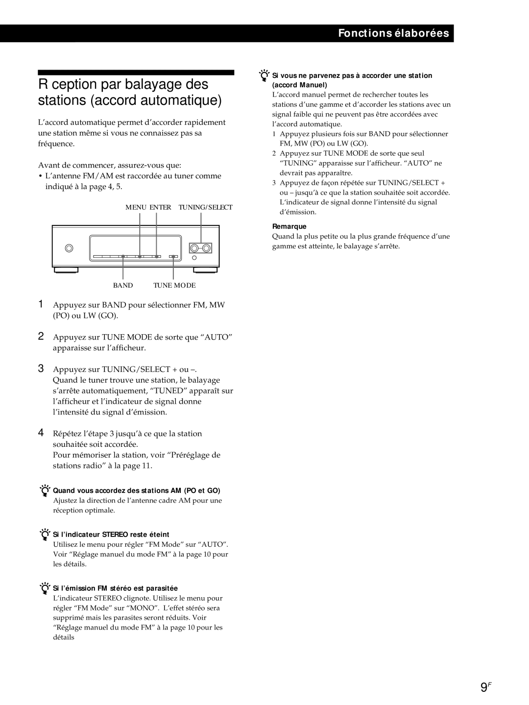 Sony ST-S3000ES Réception par balayage des stations accord automatique, Quand vous accordez des stations AM PO et GO 