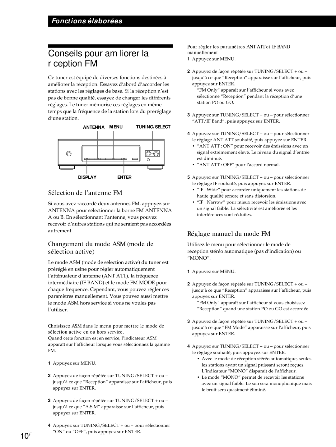 Sony ST-S3000ES Conseils pour améliorer la réception FM, Sélection de l’antenne FM, Réglage manuel du mode FM 