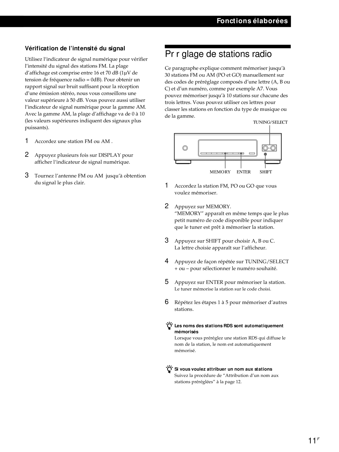 Sony ST-S3000ES operating instructions Préréglage de stations radio, 11F, Vérification de l’intensité du signal 