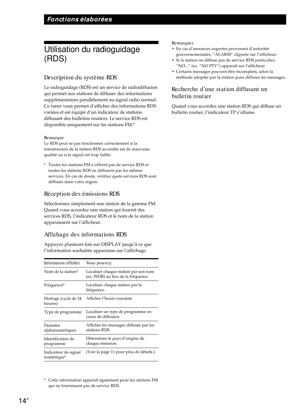 Sony ST-S3000ES operating instructions Utilisation du radioguidage RDS, 14F 