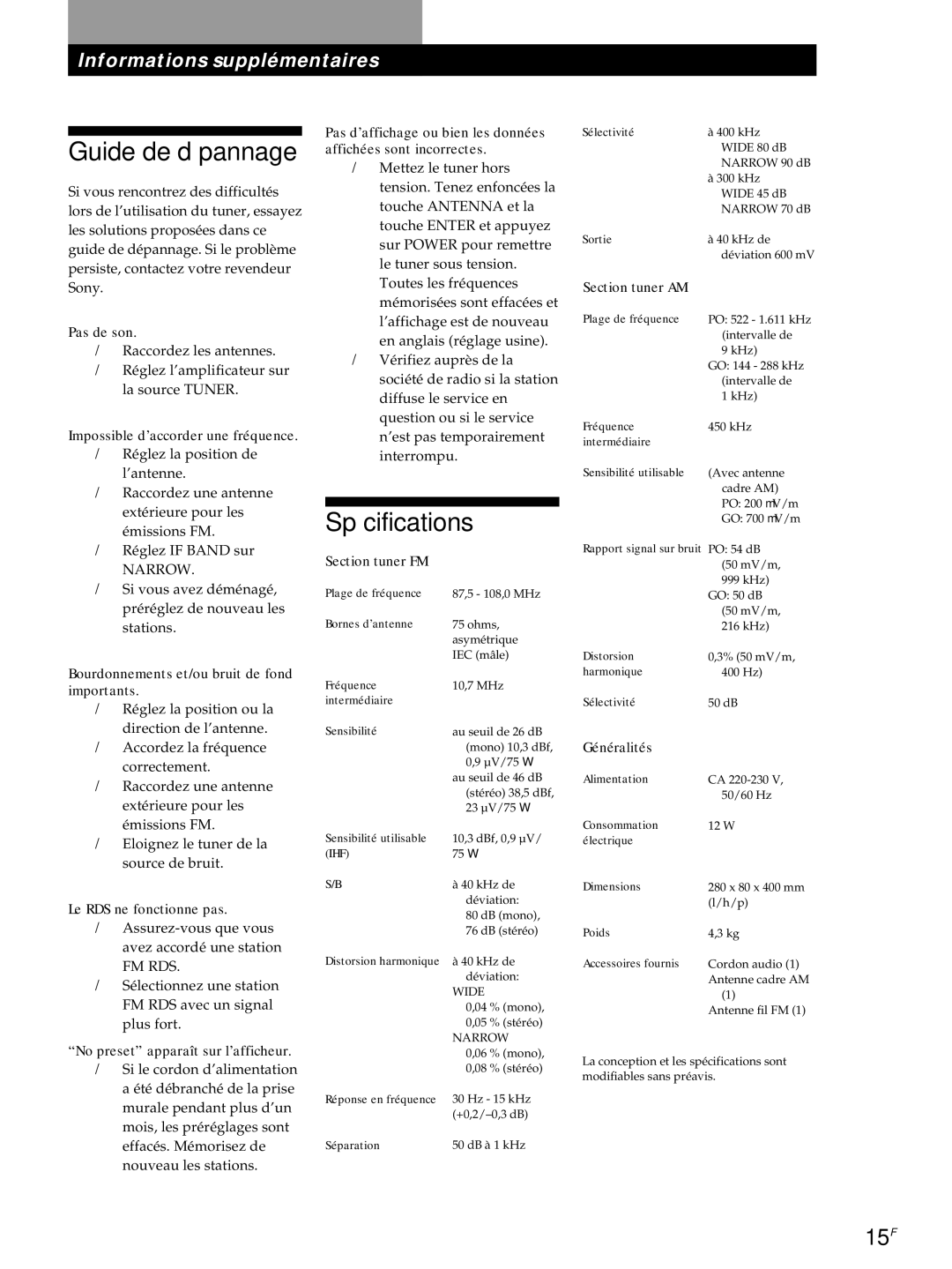 Sony ST-S3000ES operating instructions Guide de dépannage, Spécifications, 15F 