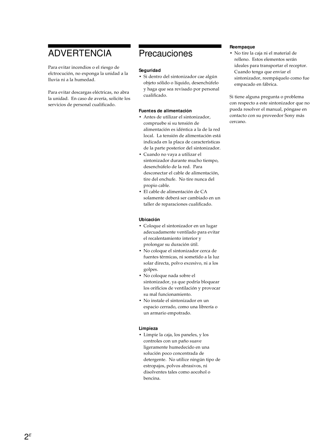 Sony ST-S3000ES operating instructions Advertencia Precauciones 