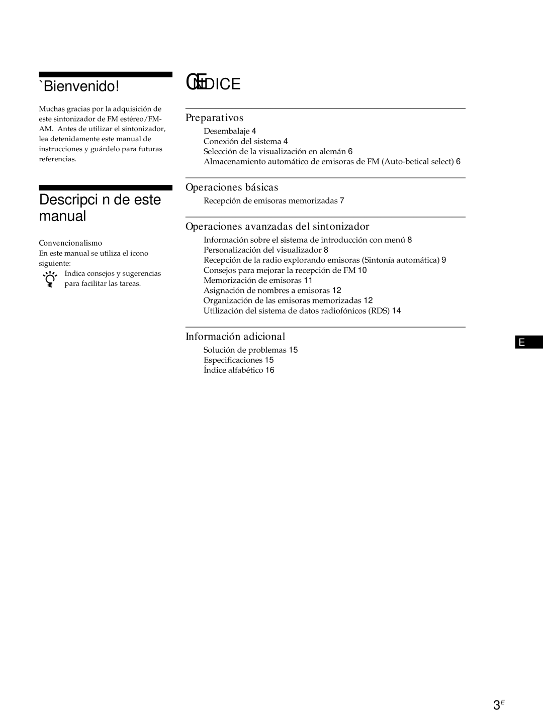 Sony ST-S3000ES operating instructions ¡Bienvenido, Descripción de este manual 