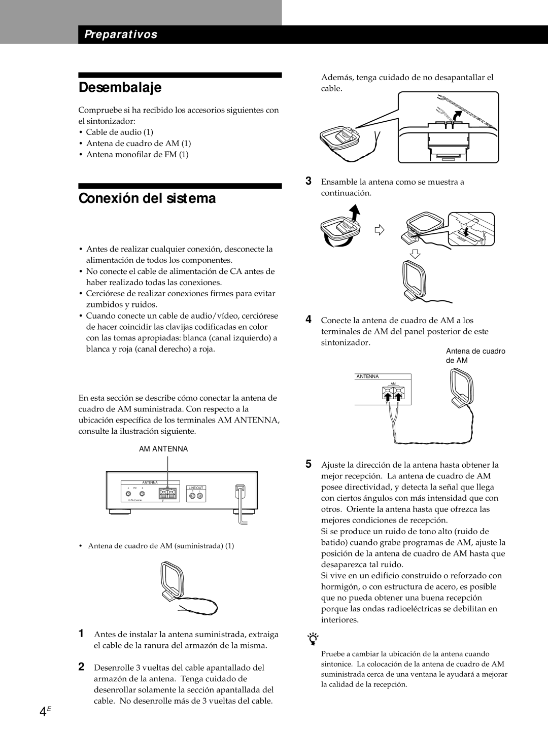 Sony ST-S3000ES operating instructions Desembalaje, Conexión del sistema, Antes de comenzar, Conexión de la antena de AM 