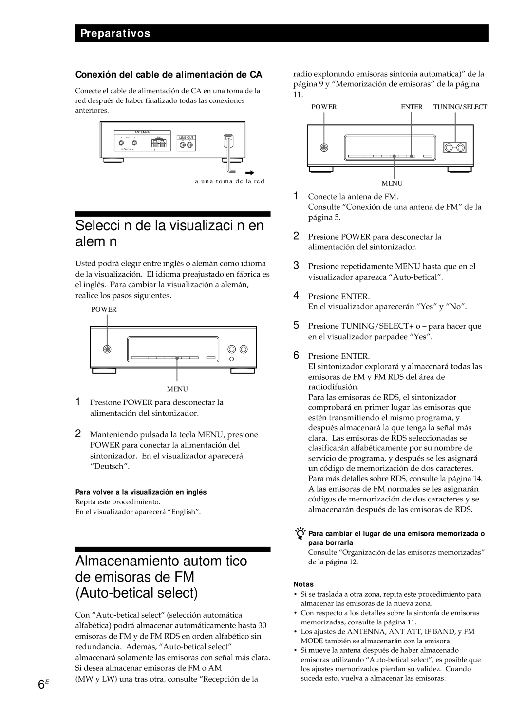 Sony ST-S3000ES Selección de la visualización en alemán, Conexión del cable de alimentación de CA, Notas 