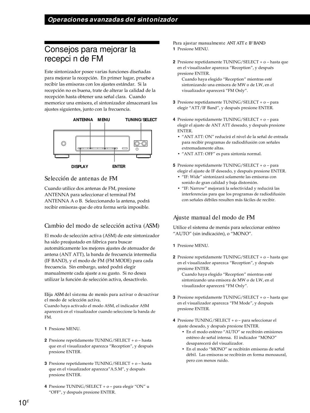 Sony ST-S3000ES Consejos para mejorar la recepción de FM, 10E, Selección de antenas de FM, Ajuste manual del modo de FM 