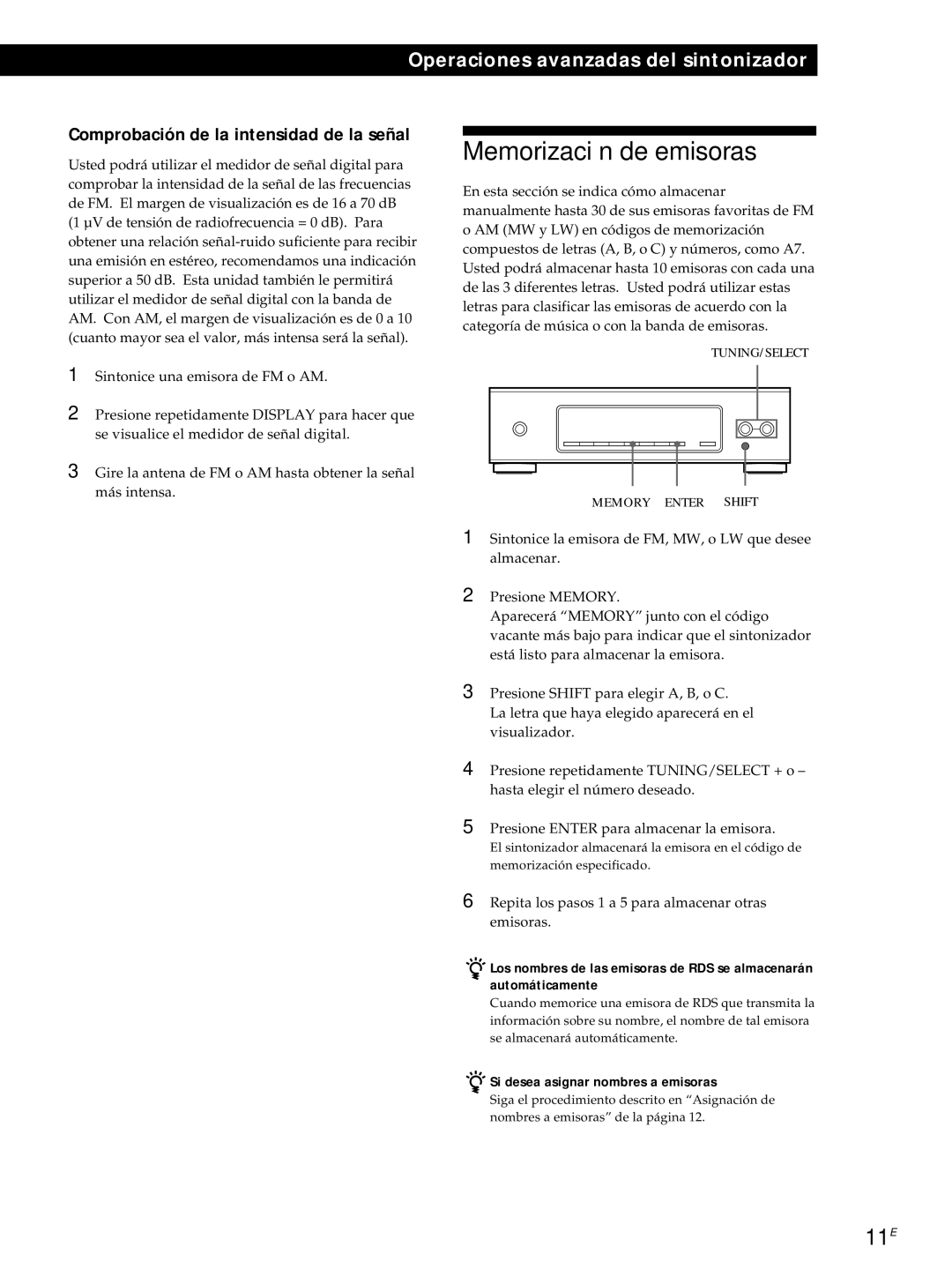 Sony ST-S3000ES operating instructions Memorización de emisoras, 11E, Comprobación de la intensidad de la señal 